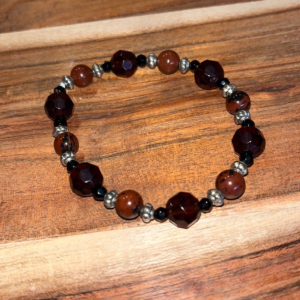 Chico's Silver, Burgundy Red, & Orange Beaded Bracelet